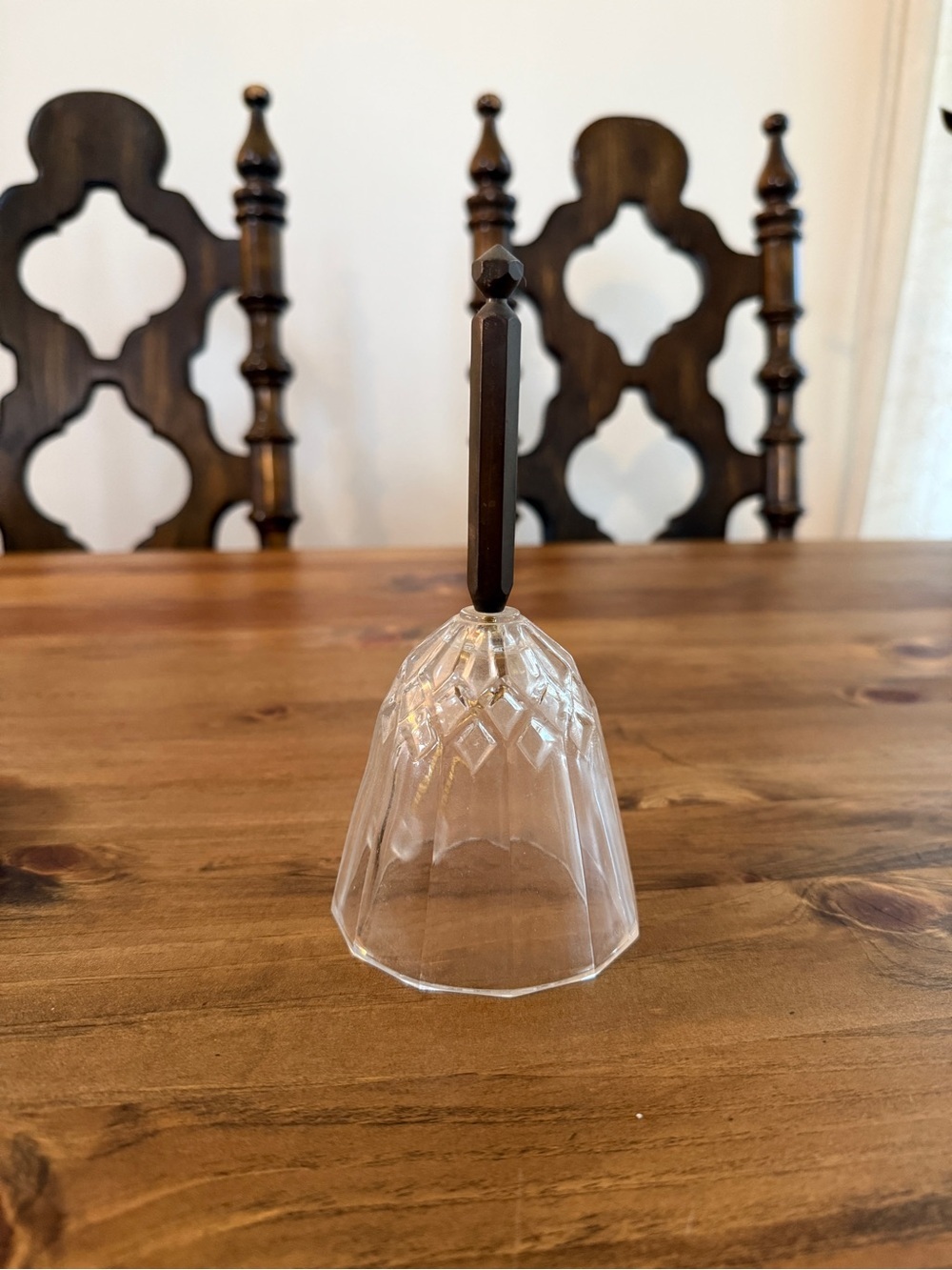Clear Cut-Glass Dinner Bell with Dark Brown Handle vintage